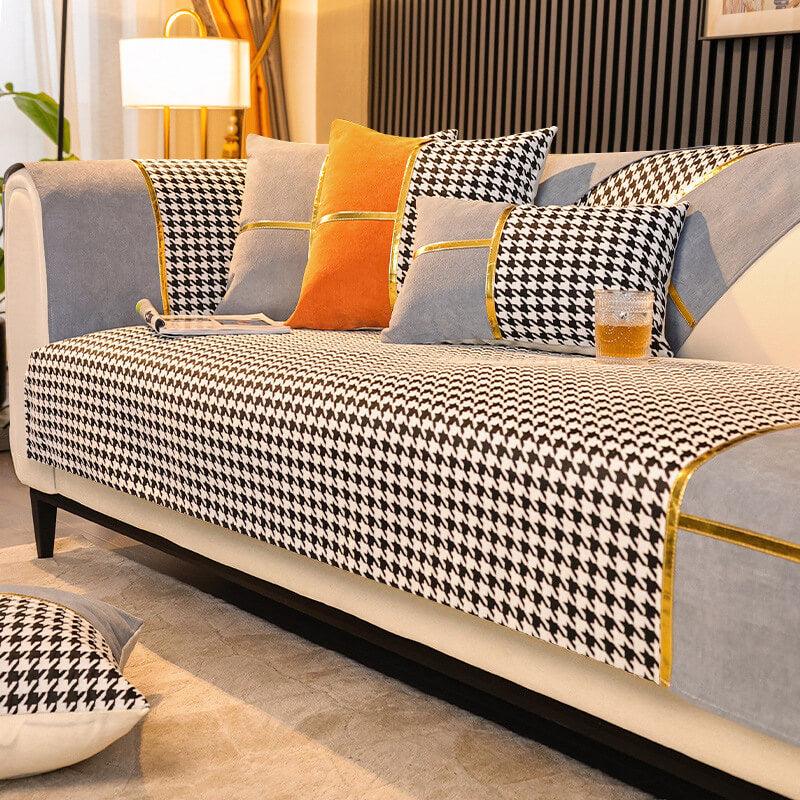 Classic Houndstooth Print Chenille Non-slip Couch Cover - ComprasOne