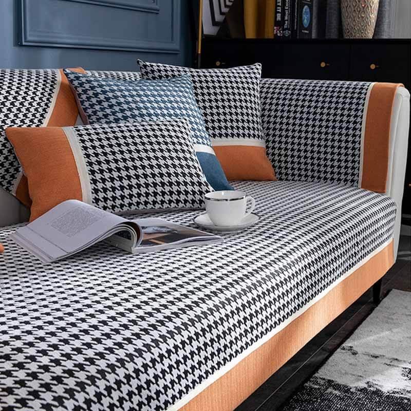 Classic Houndstooth Print Chenille Non-slip Couch Cover - ComprasOne